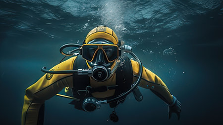 Scuba diver in deep blue sea. 3d render illustration.