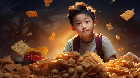 Little asian boy eating chips and looking at camera. Mixed media