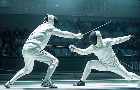 Fencing duel between two athletes at the Fencing World Championships in Stockholm.
