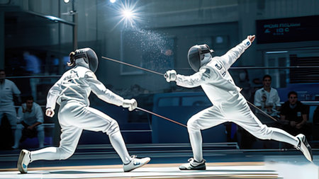 Two young men in fencing suits fighting with swords in light of lantern
