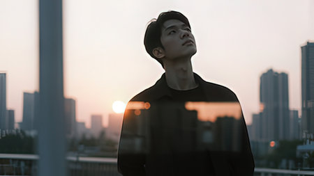 Handsome asian man in black suit looking at sunset.の写真素材