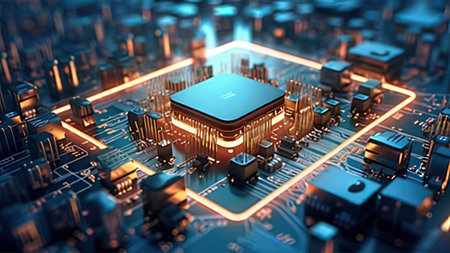 3d illustration of microchip on circuit board. Technology concept.