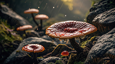 Mushrooms growing in the forest on mossy rocks. Nature background