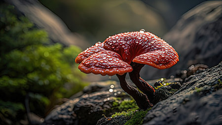 Red mushroom on a rock in the forest. Close-up.