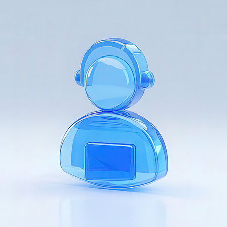 Blue robot icon on white background. 3d rendered illustration with reflective surface.