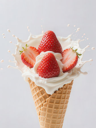 Ice cream with strawberries in waffle cone on white background, closeupの写真素材