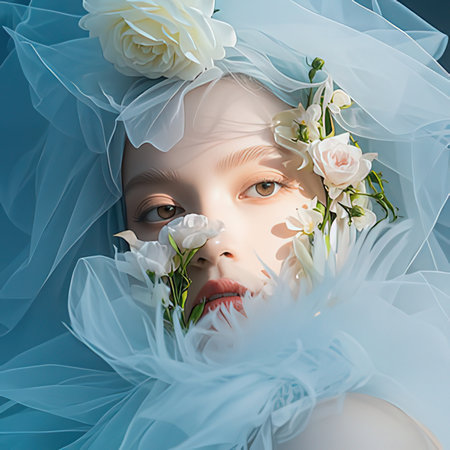 Portrait of a beautiful young woman in a wedding dress with white flowersの写真素材