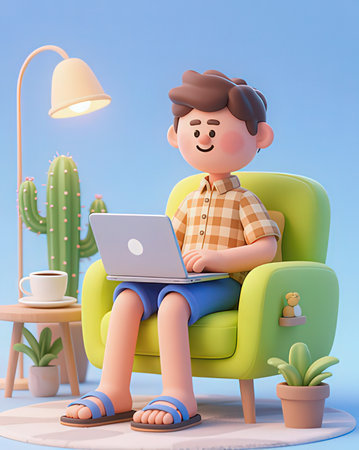 A 3d illustration of a boy sitting in a chair with a laptopの写真素材