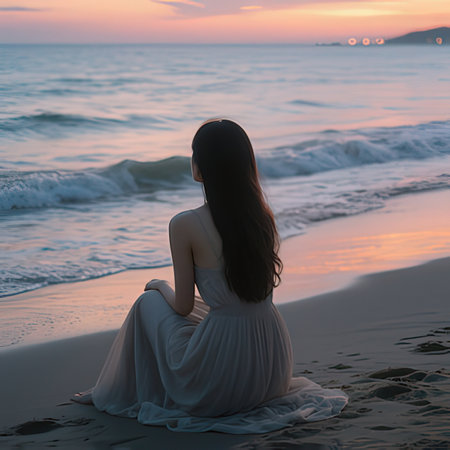 Beautiful asian woman sitting on the beach at sunset time.の写真素材