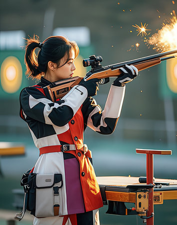 Beautiful asian woman with rifle on the background of the cityの写真素材
