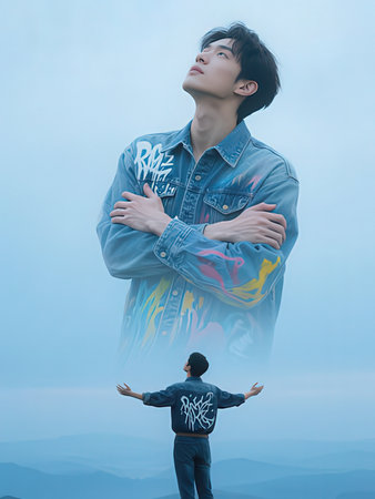 Young man standing on the top of the mountain and looking at the futureの写真素材