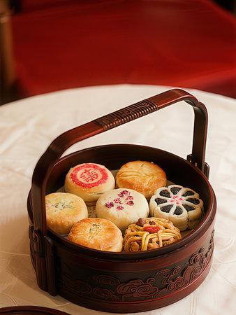 Bakery products in a wicker basket on a red background.