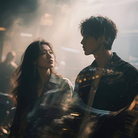 Portrait of young asian couple in love on the street at night