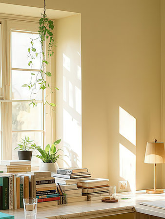 3d render of a living room interior with books and plants.の写真素材