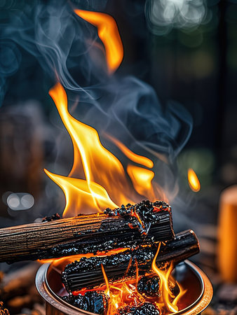 Burning firewood in a pot on a background of the forest
