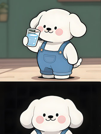 Illustration of a Cute Puppy Drinking a Glass of Waterの写真素材