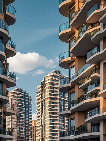 Modern apartment buildings on a sunny day. Facade of a modern apartment buildingの写真素材