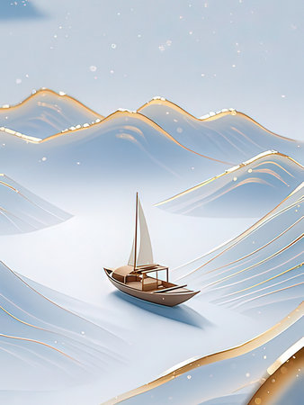 sailing boat in the sea with mountains in the background, 3d illustrationの写真素材