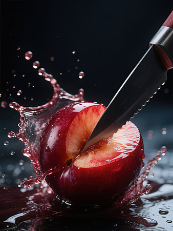 Cutting red apple with knife in water splash on black background.の写真素材