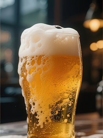 Glass of beer with foam on the table in a pub or restaurantの写真素材