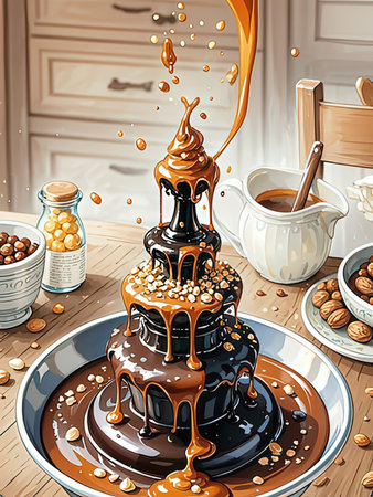 Chocolate cake with caramel pouring from the top. Vector illustration.