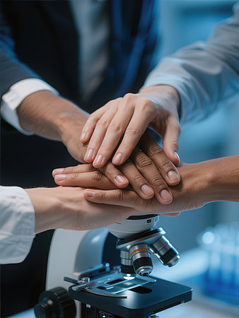 cropped shot of scientist holding hands together with colleague near microscope in laboratory