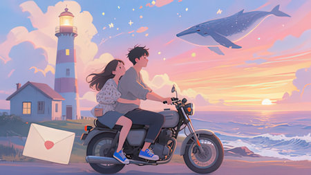 Couple riding a motorbike on the beach at sunset. Vector illustrationの写真素材