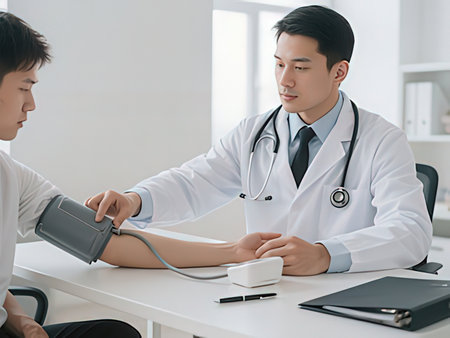 Doctor measuring blood pressure of young man in clinic. Healthcare and medical concept.の写真素材
