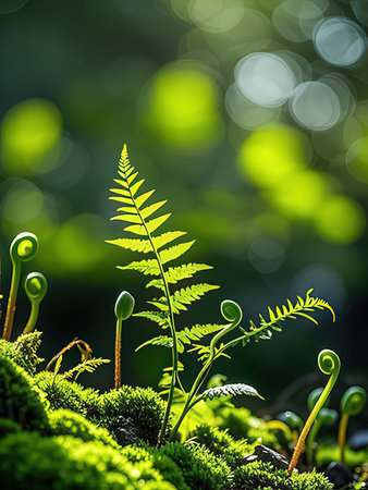 Fern growing on moss with bokeh background in the forestの写真素材