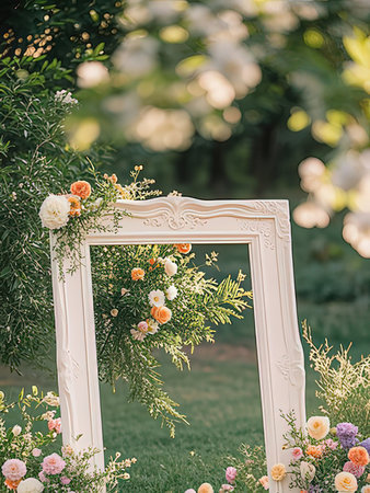 Wedding arch decorated with flowers in the park. Wedding decor