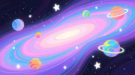 Cosmic space background with planets, stars and galaxies. Vector illustration.
