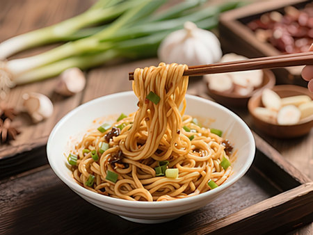 Bowl with tasty chinese noodles on wooden table, closeupの写真素材