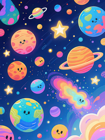 Seamless pattern with cute planets and stars. Vector illustration.の写真素材