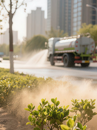 Truck spraying water on green grass in the city, blurred backgroundの写真素材
