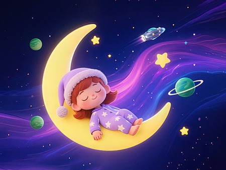 Cute little girl sleeping on the moon. Cartoon vector illustration.の写真素材