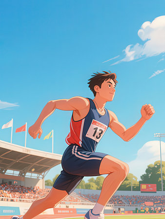 Athlete running on the stadium track. 3D illustration.