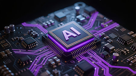 Artificial intelligence concept. Computer chip with artificial intelligence symbol. 3D illustration.