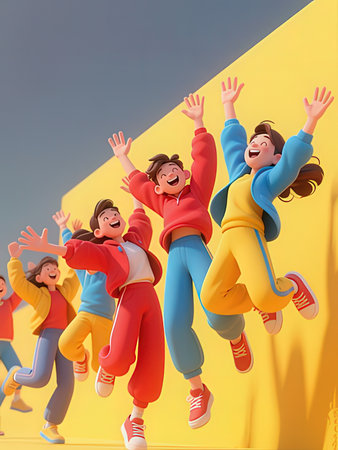 Happy children jumping in the air on a yellow background. 3d renderingの写真素材
