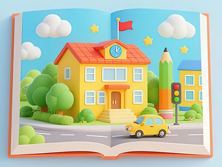 illustration of a book with a school and a car on the road