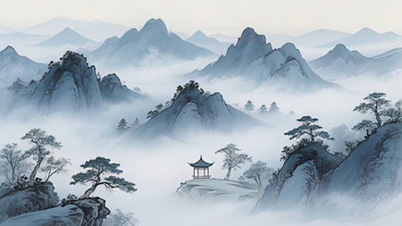 Mountain landscape with pagoda and pagoda in the mist.の写真素材