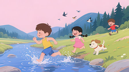 Children playing in the river with a dog. Vector illustration in cartoon style.の写真素材