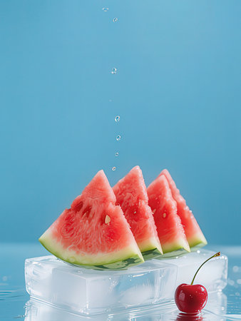 Watermelon slice falling into ice cube with cherry on blue background.の写真素材