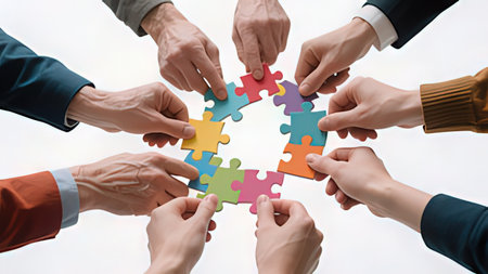 Teamwork concept. Close up of business people hands connecting jigsaw puzzle pieces