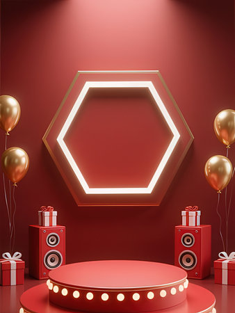 Podium with red pedestal, gift boxes and balloons. 3d renderingの写真素材