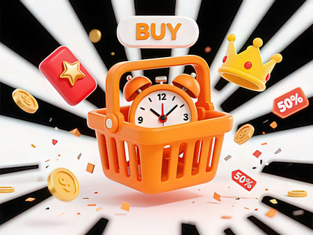 Shopping basket with clock on white background. 3D rendering.の写真素材