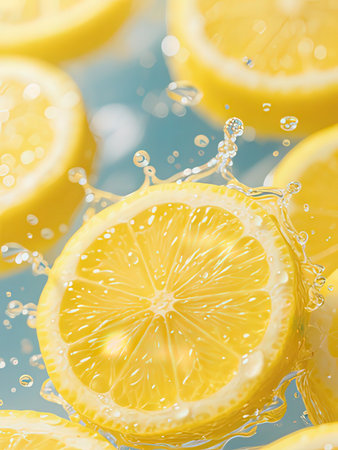 Lemon slices with water splash on blue background, close-upの写真素材