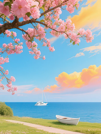 Beautiful spring landscape with blooming sakura and yacht on the seaの写真素材