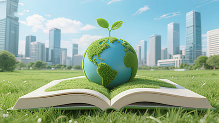 Ecology concept. Open book with green globe on grass and city background