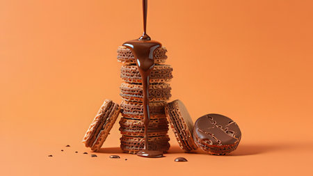 Stack of chocolate macaroons with chocolate syrup on orange background.の写真素材