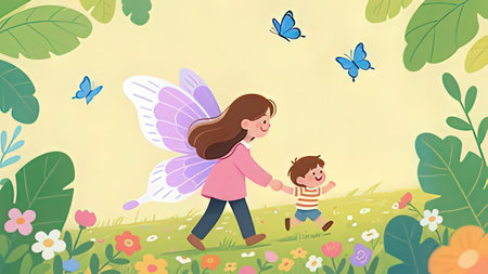 Mother and son walking in the garden with butterflies. Vector illustration.の写真素材